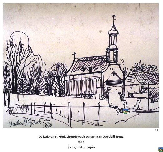De kerk van St. Gerlach en de oude schuren van boerderij Erens